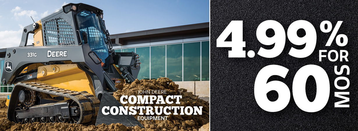 Right now, get 4.99% for 60 mos on John Deere Compact Construction Equipment!